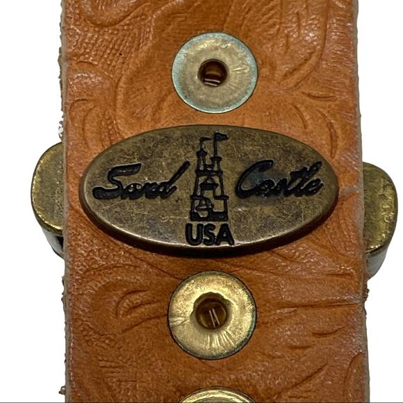 Sand Castle Floral Embossed Tan Leather & Metal Mesh Western Style Belt - Picture 8 of 9